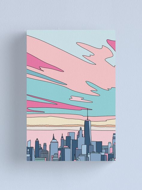 "City sunset by Elebea" Canvas Print by elebea | Redbubble City Sunset Painting Acrylic, City Canvas Painting, Painting Ideas For Home Decor, Canvas Painting Ideas For Kids, Painting Ideas For Home, Painting City, Gold Art Painting, City Sunset, Home Decor Painting