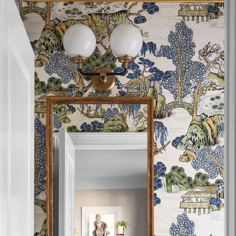 Bold Powder Room, Chinoiserie Bathroom, Chic Powder Room, Bridge House, Green Vanity, Scenic Wallpaper, Salon Suites, Chinoiserie Chic, Powder Bath