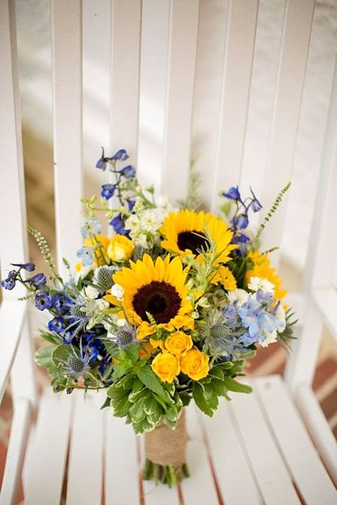 Sunflower And Blue Bonnet Bouquet, Purple Yellow And Blue Wedding, Sunflowers And Hydrangeas Bouquet, Sunflower Bouquet Vase, Bluebonnet Wedding, Bluebird Cottage, Sunflower Wedding Centerpieces, Wedding Flowers Sunflowers, Sunflower Vase