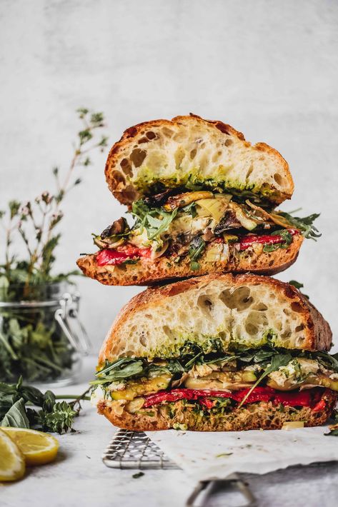 Spring Sandwiches, Lemon Basil Pesto, Basil Pesto Recipe, Veggie Sandwich, Roasted Vegetable, Lemon Basil, Pesto Recipe, Basil Pesto, Roasted Vegetables