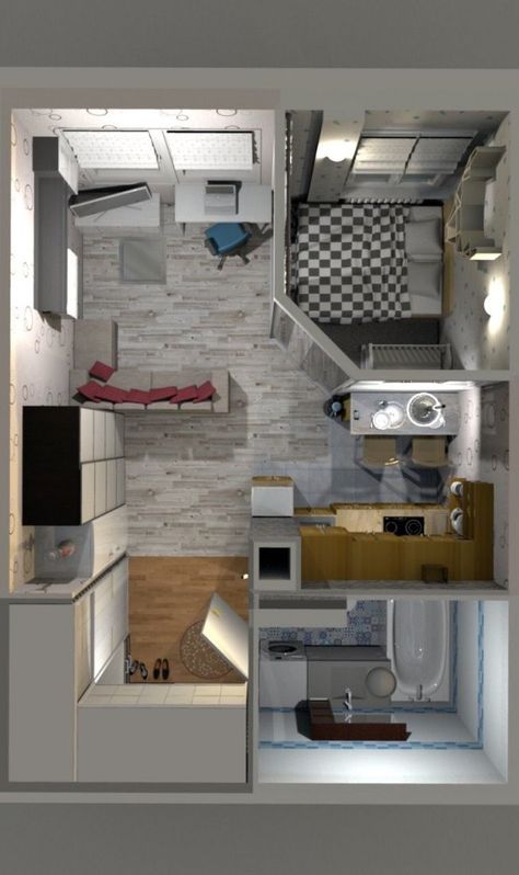 3D plan Top view amazing Ideas - Engineering Discoveries Square Apartment Layout, 30m2 Apartment Plan, 30 M2 Apartment, Apartment 30m2, Design Case Mici, Studio Apartment Floor Plans, Apartemen Studio, Studio Layout, Apartment Plants