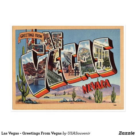 Las Vegas - Greetings From Vegas Postcard #LasVegas #Postcards Vintage Postcards Travel, Adventure Art, Travel Postcard, Vintage Kitsch, Travel Souvenirs, Las Vegas Nevada, Postcard Size, Vintage Postcard, Vintage Postcards