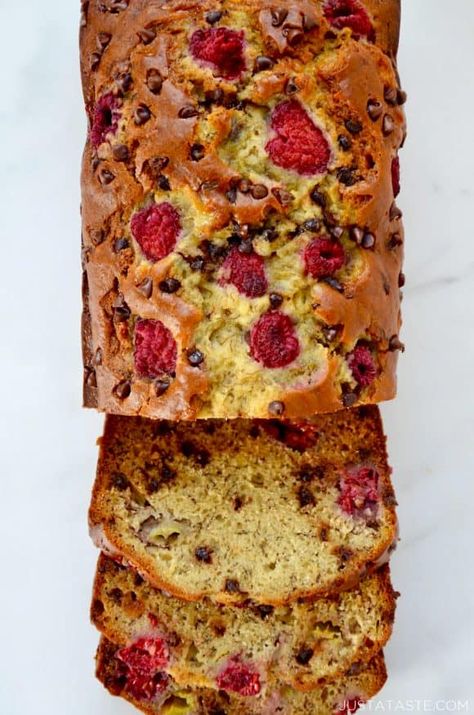 Raspberry Bread, Raspberry Banana, Chocolate Chip Banana Bread Recipe, Raspberry Chocolate Chip, Raspberry Chocolate, Just A Taste, Easy Banana Bread Recipe, Chocolate Chip Banana, Raspberry Recipes