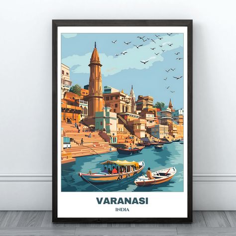 Varanasi Travel Printable Poster - India Travel Poster -Varanasi Painting - Digital Print Wall Art -India Home Decor - Varanasi Illustration Varanasi Illustration, Varanasi Ghat Painting, Varanasi Painting, Varanasi Photography, Chic Art Prints, India Landscape, Urban Art Prints, 2025 Board, Landmark Poster