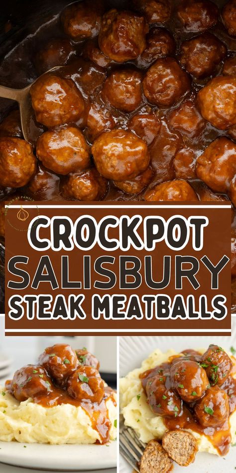 Quick & easy Slow Cooker Salisbury Steak Meatballs are an easy prep slow cooker dinner that starts with frozen meatballs. The best part is the rich brown gravy sauce that creates itself from packets of seasoning mix and beef broth. Serve over mashed potatoes for a delicious dinner idea tonight. Salisbury Steak Crockpot, Salisbury Steak Meatballs, Slow Cooker Salisbury Steak, Easy Crockpot Dinners, Fast Dinner Recipes, Frozen Meatballs, Gravy Sauce, Brown Gravy, Slow Cooker Dinner