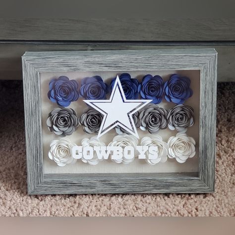 Dallas Cowboys Shadow Box 5x7 Gray Frame With Glass Decorated With Handmade Flowers Made Using High Quality Premium Cardstock Dallas Cowboys Shadow Box Ideas, Angel Shadow Box Ideas, Small Shadow Box Ideas, Gf Things, Dallas Cowboys Crafts, Shadow Box Graduation, Unique Shadow Boxes, Shadow Box Ideas, Cowboy Crafts