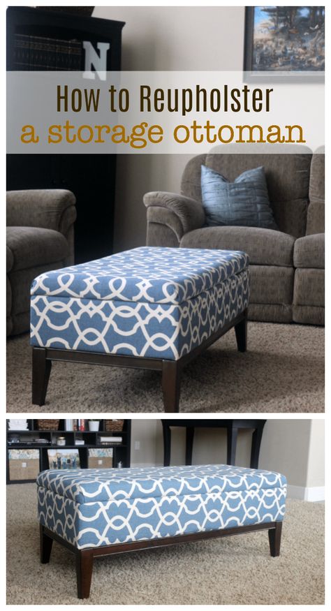 These step by step photos will show you how to reupholster a storage ottoman the quick and easy way! Breathe new life into an old ottoman with new fabric! This two hour project is great for beginners. Ikea Living Room Storage, Step Storage, Diy Storage Ottoman, Diy Ottoman, Ikea Living Room, Ottoman Decor, Reupholster Furniture, Upholstery Diy, Furniture Repair