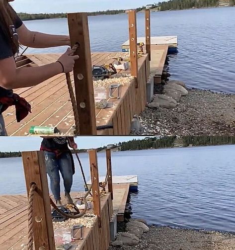 Rope Fence, Rope Railing, Nautical Rope Mirror, Lake Ideas, Faux Fireplace Diy, Lake Dock, Outdoor Sitting Area, Building A Pergola, Deck Railing