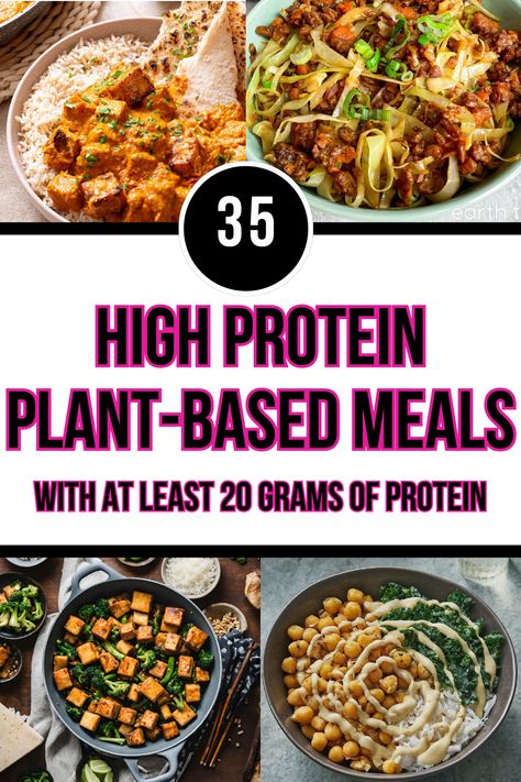 35+ high protein plant-based meals with at least 20 grams of protein per serving. Whether you're a vegetarian, vegan, or just want to add more meatless meals to your rotation - these recipes will help you achieve an increased total protein intake! Get all the benefits of high protein AND more plant-based meals. High Protein Non Meat Foods, Whole Food Plant Based High Protein, How To Get More Protein As A Vegetarian, Plant Based Protein Bowls, Easy High Protein Plant Based Meals, High Protein Tofu Meals, High Protein Wfpb Recipes, High Protein Low Cal Vegan Meals, Plant Based Complete Protein