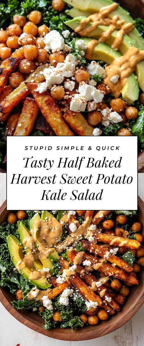 Image for Tasty Half Baked Harvest Sweet Potato Kale Salad Sweet Potato And Kale Recipes, Half Baked Harvest Sweet Potato, Sweet Potato Chickpea Salad, Sweet Potato Kale Salad, Potato Kale Salad, Kale Sweet Potato Salad, Salad With Dressing, Sweet Potato Salad Recipe, Sweet Potato Salad