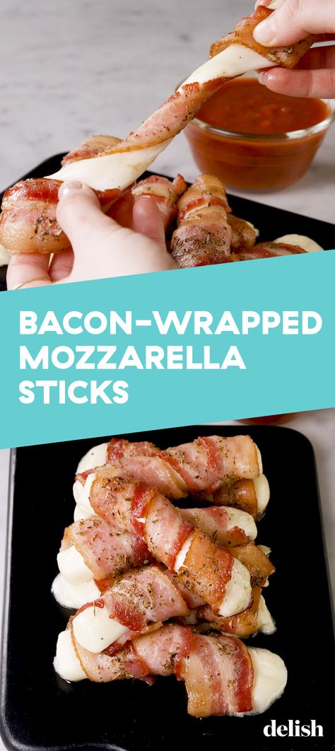 Two-ingredient Bacon-Wrapped Mozzarella Sticks are the keto snack of your DREAMS. Get the recipe at Delish.com. #recipe #easy #easyrecipes #delish #mozzarella #cheese #bacon #keto #ketodiet #snack #baking #ketorecipes #ketogenic #easysnack Bacon Wrapped Mozzarella Sticks, Bacon Wrapped Mozzarella, Mozzarella Sticks Recipe, Keto Board, Keto Appetizers, Bacon Appetizers, Baked Bacon, Keto Snack, Mozzarella Sticks