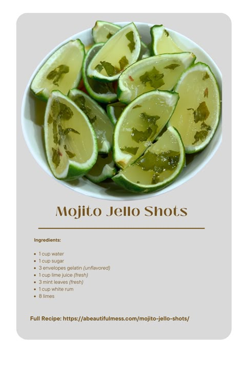 The perfect summer recipe. I used the recipe from: https://abeautifulmess.com/mojito-jello-shots/. #summerdrinks #jelloshots #lime Cute Jello Shots, Petri Dish Jello Shots, Mojito Jello Shots Recipe, Cocktails With Lime, Mojito Bar Drink Stations, Margarita Jello Shots Tequila, Lime Shots, Mojito Jello Shots In Lime Wedges, Mojito Jello Shots