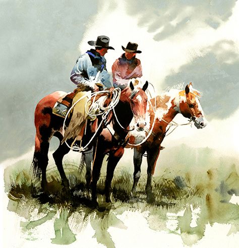 Two of a Kind by Don Weller Watercolor ~ 18.5 x 12.5 Original watercolor artwork by Don Weller Western artist Two cowboys on horseback Cowboy Artists, Painted Horses, Western Artwork, Western Paintings, Cowgirl Art, Watercolor Horse, West Art, Cowboy Art, Watercolor Artists