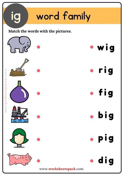 Free Ig Word Family Matching Exercises - Printable and Online Worksheets Pack Ig Family Words, Ag Word Family, Ig Word Family, Word Families Free, Word Families Printables, Family Words, Family Worksheets, Phonics Reading Passages, Phonics Cvc