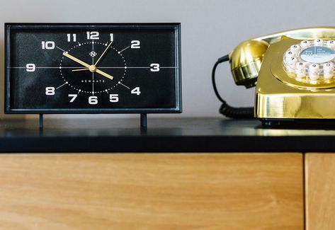 Midcentury modern-style Wideboy mantle clock by Newgate Newgate Clocks, Bedroom Moodboard, Gold Clock, Mantel Clocks, Modern Clock, Mantle Clock, Black Retro, Clock Hands, Desk Clock