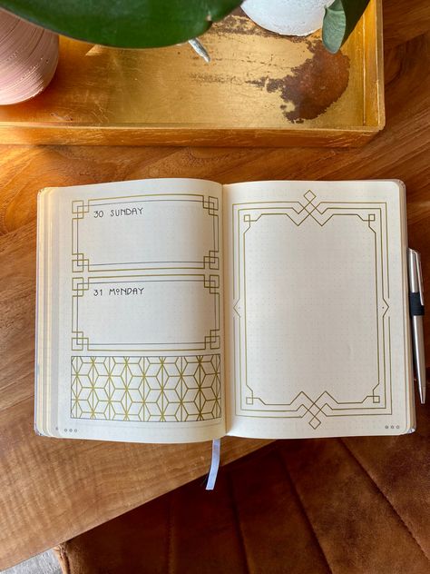 Art Deco Journal Theme, Magic Bujo Theme, Bujo Frame Ideas, Library Bujo Theme, Art Deco Doodles, Bujo 2024 Ideas, Bujo Book Theme, Art Deco Bujo, Art Deco Bullet Journal