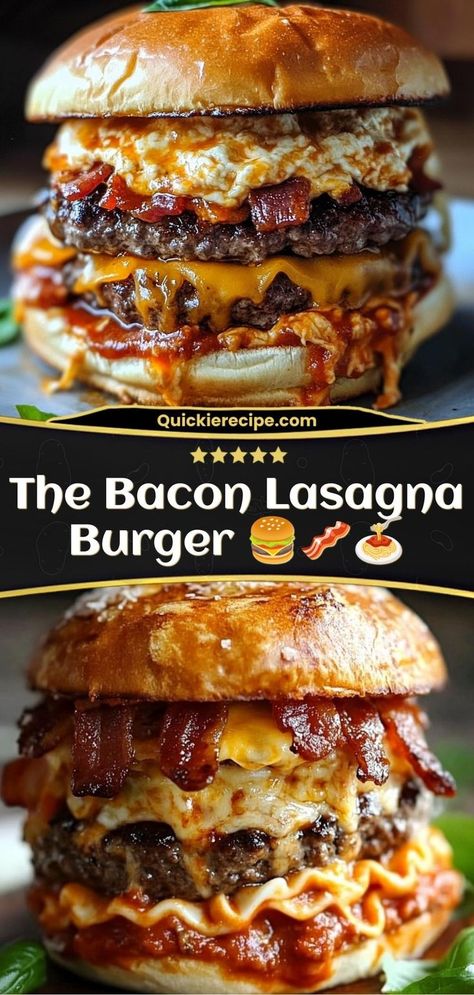 The Bacon Lasagna Burger is a mashup of all the best flavors from lasagna and a juicy burger, with crispy bacon as the ultimate topping. This indulgent creation layers beef, melty cheese, and rich marinara sauce between a soft burger bun, giving you all the satisfaction of a lasagna in handheld form! Bacon Lasagna, Burger Bun, Burgers Recipes, Juicy Burger, Melty Cheese, Burger Recipe, Burger Buns, Marinara Sauce, Crispy Bacon