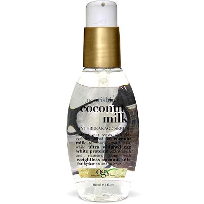 OMG. Gotta have this: OGX Nourishing Coconut Milk Anti-Breakage Serum Ogx Coconut Milk, Ogx Coconut, Coconut Milk For Hair, Coconut Oil Mask, Coconut Milk Shampoo, Coconut Oil Hair Mask, Coconut Hair, Coconut Oil Hair, Hydrate Hair