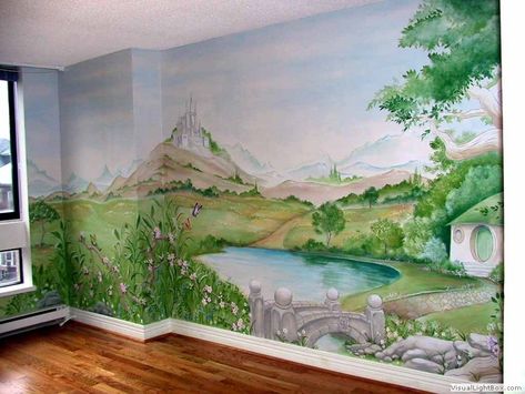 The Shire Mural | A whimsical painting depicting a theme of … | Flickr Tree House Bedroom, Bedroom Art Painting, Mural Artist, Tree House Kids, Baby Room Themes, Tree Mural, Nursery Mural, Wall Murals Painted, Nursery Paintings