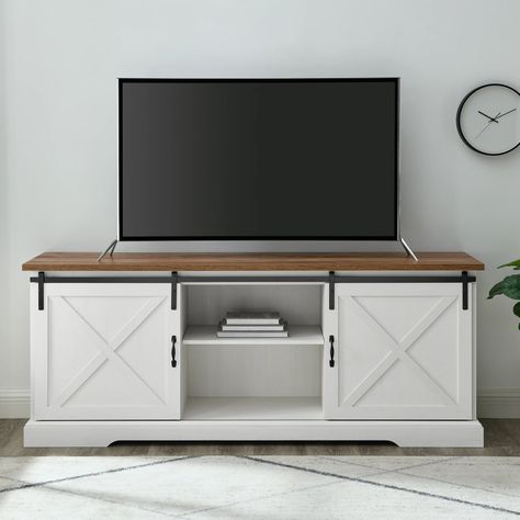 Sand & Stable Carrington TV Stand for TVs up to 85" & Reviews | Wayfair Barn Door Tv Console, Barn Door Tv, Tor Design, Barn Door Tv Stand, Rustic Console, Oak Tv Stand, Farmhouse Tv, Farmhouse Tv Stand, Barn Door Designs