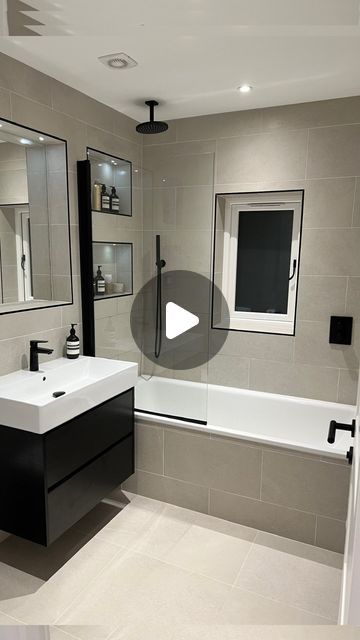 Daisy Griffiths on Instagram: "LAST MINUTE IMPULSIVE BATHROOM DECISION 👀  When planning our bathroom we designed this so many different ways, I knew I wanted niches with spotlights / night lighting and spa vibes with cement porcelain style tiles.  We always wanted black for our hardware but actually planned to match the trims with the tile colour (sand).   After spending a WHOLE day running around to about 6 different tile stores in the hope that the trim I chose would be in stock somewhere I had no luck.   💰 The tilers had finished and it was a case of either paying them a full day and sending them home or changing the plan there and then.   We made a decision to impulsively change these to black trims and I am SO pleased we did. 😬  Our bathroom would never look the same without this a Sand Bathroom, Spa Vibes, Colorful Bathroom Tile, Cream Tile, Style Tiles, Finished Bathrooms, Black Taps, Black Tiles, Tile Stores