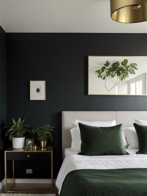 Black Wall Green Bed, Black Gold Dark Green Bedroom, Black Wall Green Bedding, Charcoal Green Bedroom, Black Sage Bedroom, Black Bedroom Green Accents, Emerald Walls Bedroom, Green Black Neutral Bedroom, Emerald Green Feature Wall Bedroom