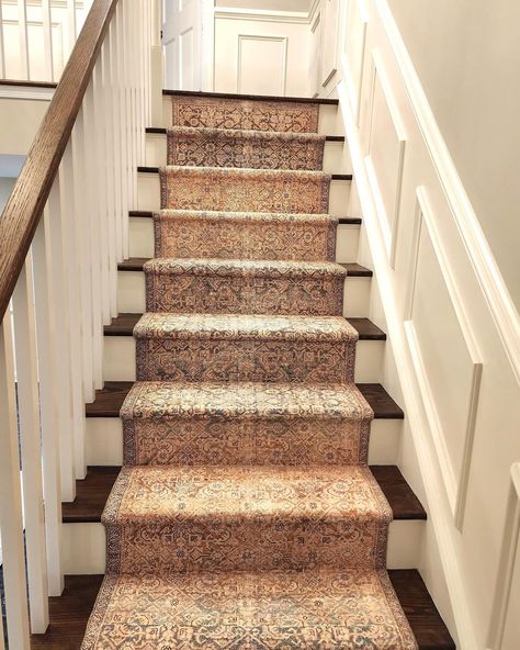 We transformed this staircase with a timeless touch! 🏡 Our recent installation of a classic traditional stair runner with intricate designs adds an elegant charm to this space. ✨ . . . #staircase #HomeRenovation #stairrunner #design #homedecor #decoration #inspiration #fyp #shorthillsnj #edisonnj #westfieldnj #99carpets #goodvibes Stairs Runner Carpet, Vintage Rug Stair Runner, Vintage Carpet Runner On Stairs, Victorian Staircase Runner, Antique Rug Stair Runner, Stair Runner Old House, Patterned Stair Carpet, Carpet Designs, Staircase Runner