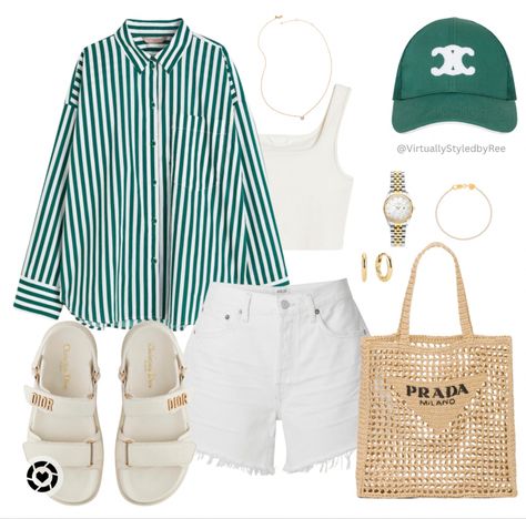 H&M shirt H&M shorts Summer Outfit Denim Shorts Agolde Prada Bag Dior Sandals CELINE Cap Miami Spring Outfits, Miami Outfits Summer, Weekend Outfits For Women, Summer Outfits Elegant, Outfits Layout, Summer Weekend Outfit, Miami Outfit, Outfit Verano, Outfit Layouts