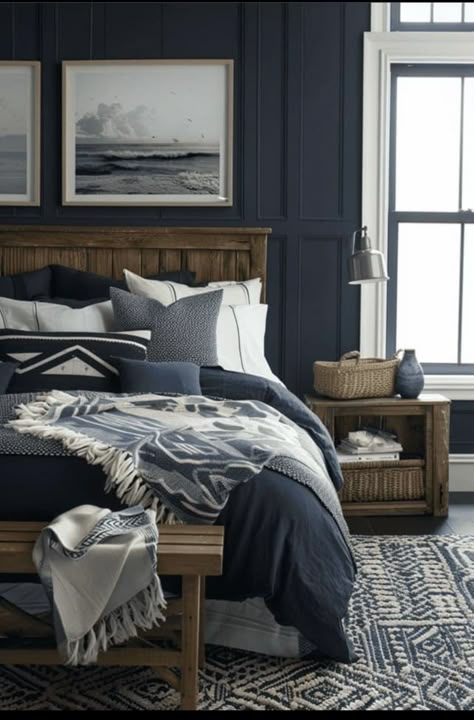 Navy Blue Bedroom Farmhouse, Navy Blue Bedding Bedroom, Dark Costal Bedroom, Navy Blue Moody Bedroom, Moody Beach Bedroom, Dark Navy Blue Bedroom, Masculine Coastal Bedroom, Moody Navy Bedroom, Dark Coastal Bedroom