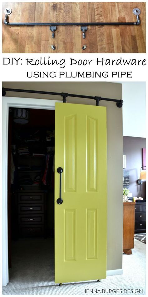 DIY: Rolling door hardware using plumbing pipe. Get the look + function of a rolling door for about $60. Custom size to fit your space. Tutorial by www.JennaBurger.com Burger Design, Rolling Door, Pipe Furniture, Pocket Door, Diy Barn Door, Plumbing Pipe, Interior Barn Doors, Diy Door, Barn Doors Sliding