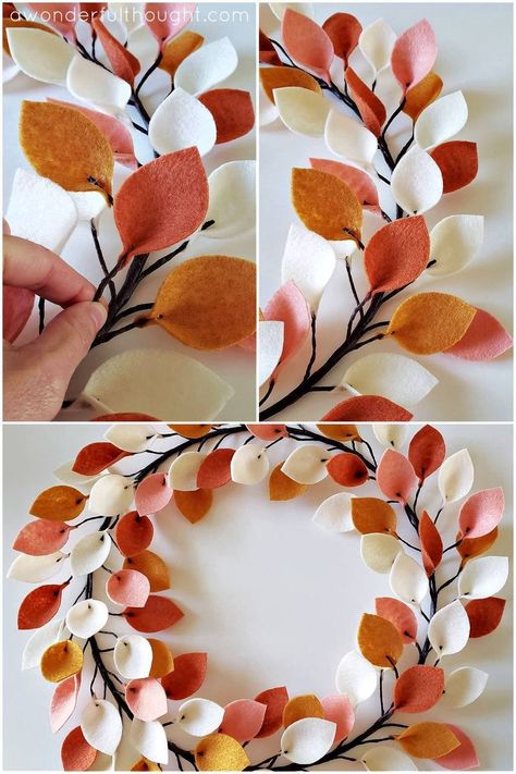 How To Make A Felt Leaf Wreath, Fall Wreath Felt, Felt Fall Wreath Diy, Felt Wreaths Diy, Felt Leaves Garland, Fall Felt Flowers, Felt Leaf Wreath Diy, Diy Felt Wreath, Felt Wreath Diy Tutorials