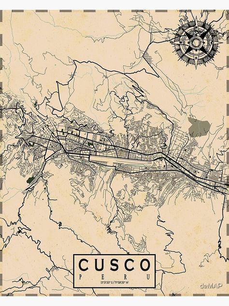 "Cusco City Map of Peru - Vintage" Poster by deMAP | Redbubble Peru Graphic Design, Peru Map Illustration, Peru Poster, Inca Architecture, Peru Map, Vintage Cityscape, Cusco Peru Photography, Peru Ancient Ruins, Vintage City