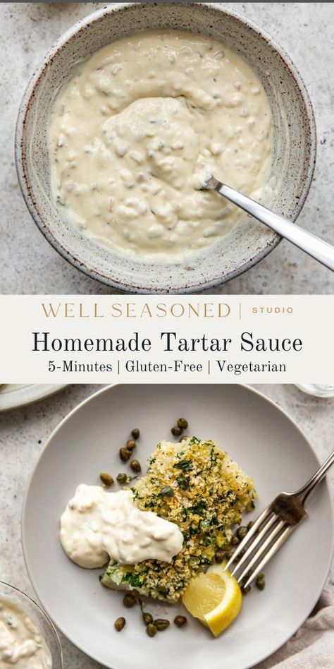 This Creamy Homemade Tartar Sauce is the unsung hero of an abundance of seafood dishes, from fish and chips, to crab cakes, and baked seafood. It's made with a mayonnaise base, has a bright, tangy taste, and is mildly sweet thanks to relish or chopped pickles. A perfect condiment! Gluten-free. #wellseasonedstudio #tartarsauce #tartar #sauce #saucerecipe Fish And Chips Sauce, Sauce For Crab Cakes, Chips Sauce, Parmesan Crusted Cod, Make Tartar Sauce, Eggs Appetizers, Baked Salad, Nuts Dessert, Baked Seafood