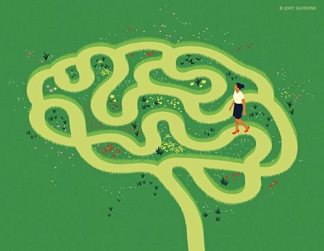 Illustration of a woman walking in a brain shaped garden Editorial Illustration Magazine, Brain Pictures, Brain Graphic, Brain Illustration, Intimate Garden, Garden Illustration, Social Art, Illustration Work, Event Poster Design