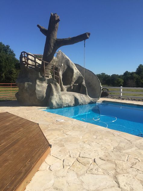 Pool with a tree swing and a slide!! Pool Ramp, Ramp Ideas, Zip Line Backyard, Build Your Own Pool, Land Ideas, Dream Backyard Pool, Outdoor Pool Area, Pool Backyard, Backyard Pools