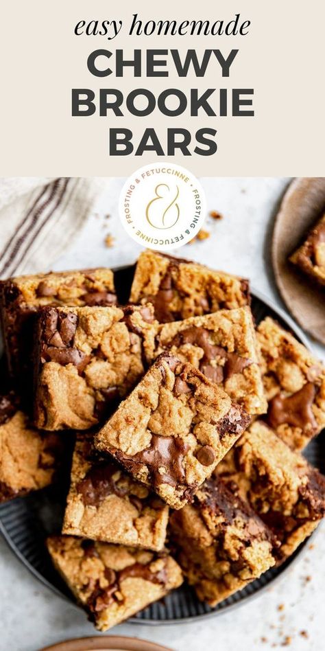 This brookie bar recipe is made with an easy chocolate chip cookie dough thats dolloped on top of a one bowl batter brownie recipe. The result is a thick, chewy, and fudgy brownie cookie that has crispy edges and a chewy center. This 9x13 dessert is easy for beginning bakers or anyone who can't decide between having chocolate chip cookies or brownies for dessert! Chocolate Chip Brownie Bars, Brookies Recipes, Easy Chocolate Chip Cookie Dough, Easy Chocolate Chip Cookie, Brookies Recipe, Bars Dessert, Chocolate Chip Brownies, Fudgy Brownie, Easy Chocolate Chip Cookies