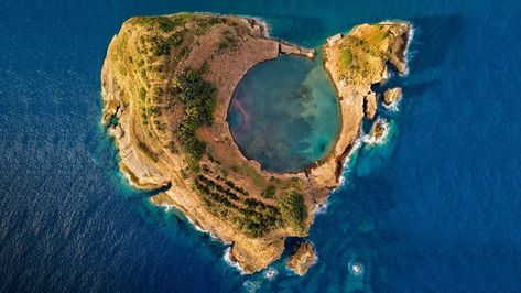 Top view of Islet of Vila Franca do Campo near an Miguel island, Azores, Portugal San Miguel Island, Azores Portugal, Aerial Images, Film Home, Vintage Beach, Magical Places, Archipelago, Top View, Aerial View