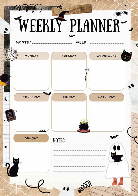 Brown White Black Vintage Collage Paper Halloween Weekly Schedule Planner A4, Halloween Planner Printable, Halloween Party Planning Binder. My favorite time of year is the holiday season, but before I start planning for Christmas, I pull out my Halloween organizer so I can be prepared! I love planning, so I can get excited months in advance and also have everything ready in advance. I've been using this printable festive planner for years and it gives me a quiet, stress-free day to enjoy with fa Halloween Party Planning, Halloween Planner, Weekly Schedule Planner, Paper Halloween, Mini Printer, Schedule Planner, Dot Journals, Weekly Schedule, Printable Halloween