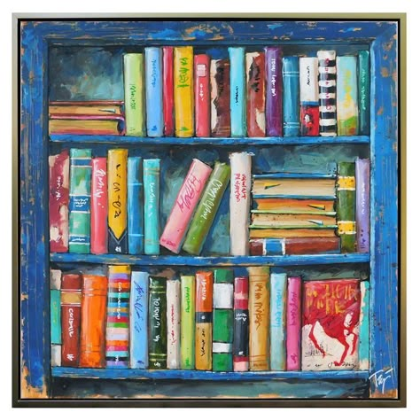 Artwork For Library, Painting Of A Library, Book Shelf Painting Canvas, Painting Of A Bookshelf, Bookshelf Painting Canvas, Painting Of Library, Paris Painting Ideas, Bookshelves Painting, Bookcase Painting