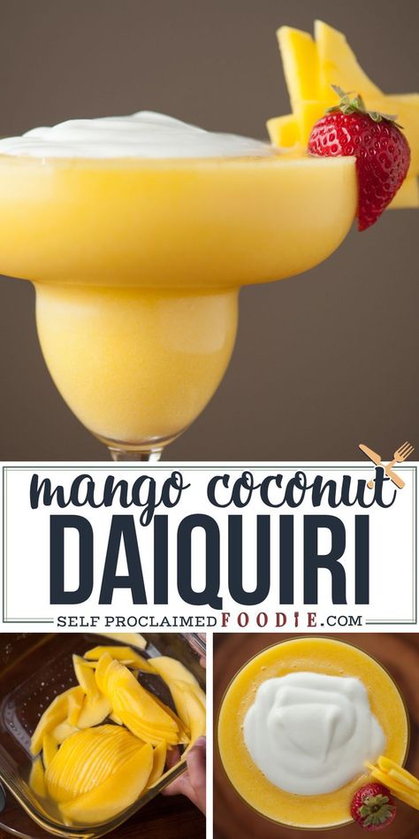 There’s nothing quite like a refreshing tropical Mango Coconut Daiquiri made with fresh mango, coconut rum, and coconut cream on a hot summer day. #cocktail #mango #coconut #rum #tropical #blended Coconut Daiquiri, Mango Drink, Mango Daiquiri, Mango Cocktail, Mango Rum, Mango Drinks, Frozen Mango, Coconut Drinks, Delicious Drink Recipes