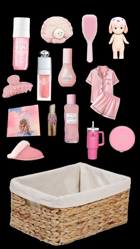 pink basket 🩷🧺🫶🏻🦢🩰#love#basketidieas#lover#preppy Secret Santa Girl Gifts, Pink Themed Gift Basket, Preppy Baskets, Bae Basket, Brrr Basket, Bur Basket, Brr Basket, Love Basket, Bd Ideas