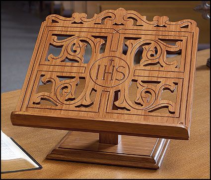 IHS Wood Carved Bible Stand Bible Stand, Church Furniture, Home Altar, Marble Statues, Book Stands, Wall Crosses, Church Decor, Wood Stand, Scroll Saw