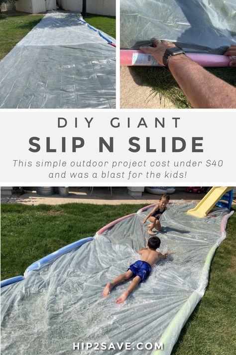 Home Made Slip And Slide, Yard Olympics, Diy Slip And Slide, Homemade Water Slide, Giant Slip And Slide, Homemade Slip And Slide, Water Slides Backyard, Male Bonding, Sleepover Snacks