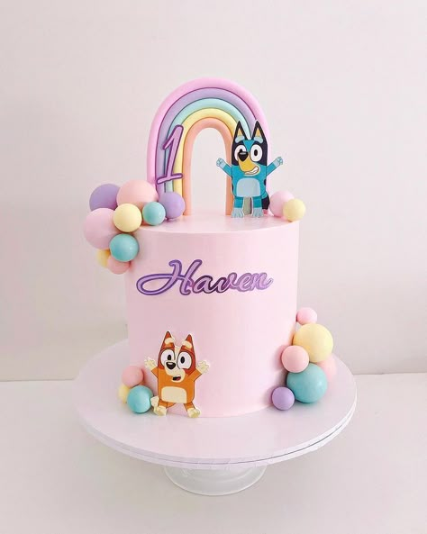 Rainbow Bluey 🌈🐾 Inspo by one of my absolute goals @full_on_cakes 🙌🏼 . . . . . . #blueycake #blueyrainbowcake #blueytheme #blueybirthday… | Instagram Bluey Cake Pink, Bluey Cake With Rainbow, Bluey Girl Cake, Birthday Cake Bluey Theme, Bluey Girls Birthday Cake, Bluey Smash Cake For Girl, Bluey Cake Ideas For A Girl, Pastel De Bluey, Bluey Themed Cake