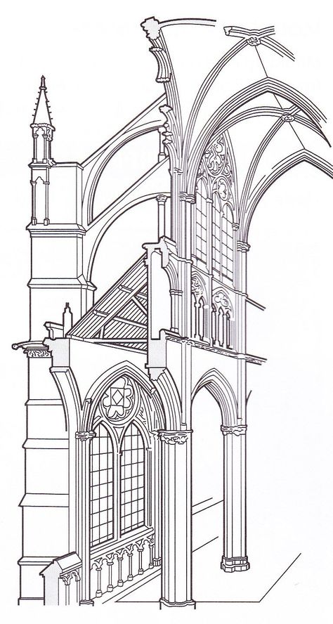 G rib vaulting, flying buttresses pointed arches | Rosses ... Gothic Architecture Drawing, Ribbed Vault, Flying Buttress, Interior Environment, Storyboard Ideas, Gothic Buildings, Gothic Cathedrals, Cathedral Architecture, Gothic Church