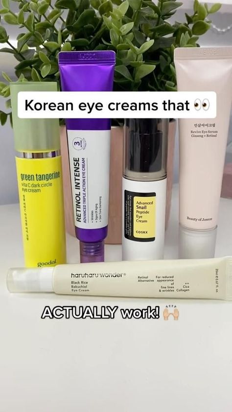 #KoreanBeautyProducts Korean Beauty Products Makeup, Glowy Clear Skin, Asian Skin Care Routine, Best Korean Eye Cream, Korean Eye Cream, Dark Circle Eye Cream, Glow Up Makeup, Peach Eye Makeup, Skin Care Glow