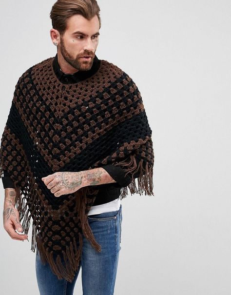 ASOS Crochet Poncho In Brown Crochet Poncho Men, Poncho For Men, Witch Clothes, Poncho Men, Mens Poncho, Crochet Capelet, February Baby, Crochet Men, Crochet Poncho Free Pattern