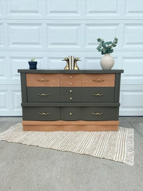 "PLEASE NOTE THAT THIS ITEM IS ONLY AVAILABLE FOR LOCAL PICK UP  ** Items have been listed so that you can see examples of our past work (color, style, finish) * 52\"L x 17\"W x 32\"H * Beautiful dark, neutral dresser with a settle dark green undertone. Has a great amount of storage * Wood construction. Top has an amazing matte, smooth finish * All original and restored gold hardware  * Drawers have been polished with a natural orange, beeswax oil. All drawers open/close well * Located in Leesbu Dark Green Dresser Diy, Wood Dresser Flip, Mcm Dresser Makeover Green, Old Wooden Dresser Makeover, Vintage Modern Dresser, Green Gold And Wood Bedroom, Dresser And Nightstand Makeover, Refurbished Dresser With Mirror, Tall Dresser Refurbish