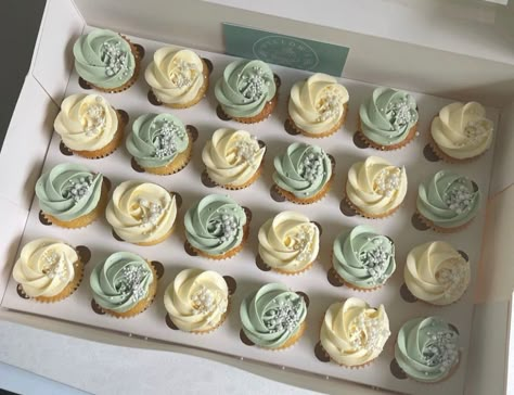 Baby Shower Cupcake Table Display, Simple Wedding Cupcakes Rustic, White And Green Wedding Cupcakes, Blue And Green Wedding Cupcakes, Cupcakes With Eucalyptus Leaves, Sage Green Wedding Cake 1 Tier, White Cupcakes With Greenery, Sage Green And White Cupcakes, Sage Wedding Cupcakes