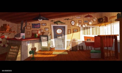 Some visdev from my portfolio project😀 I learned alot about set dressing from the Intro to Visual Development class on Schoolism, taught by… House Visual Development, Color Script Visual Development, Vis Dev Environment, Messy Room Concept Art, Stylized Interior Concept Art, Bait Shop, Portfolio Project, Vis Dev, Set Dressing